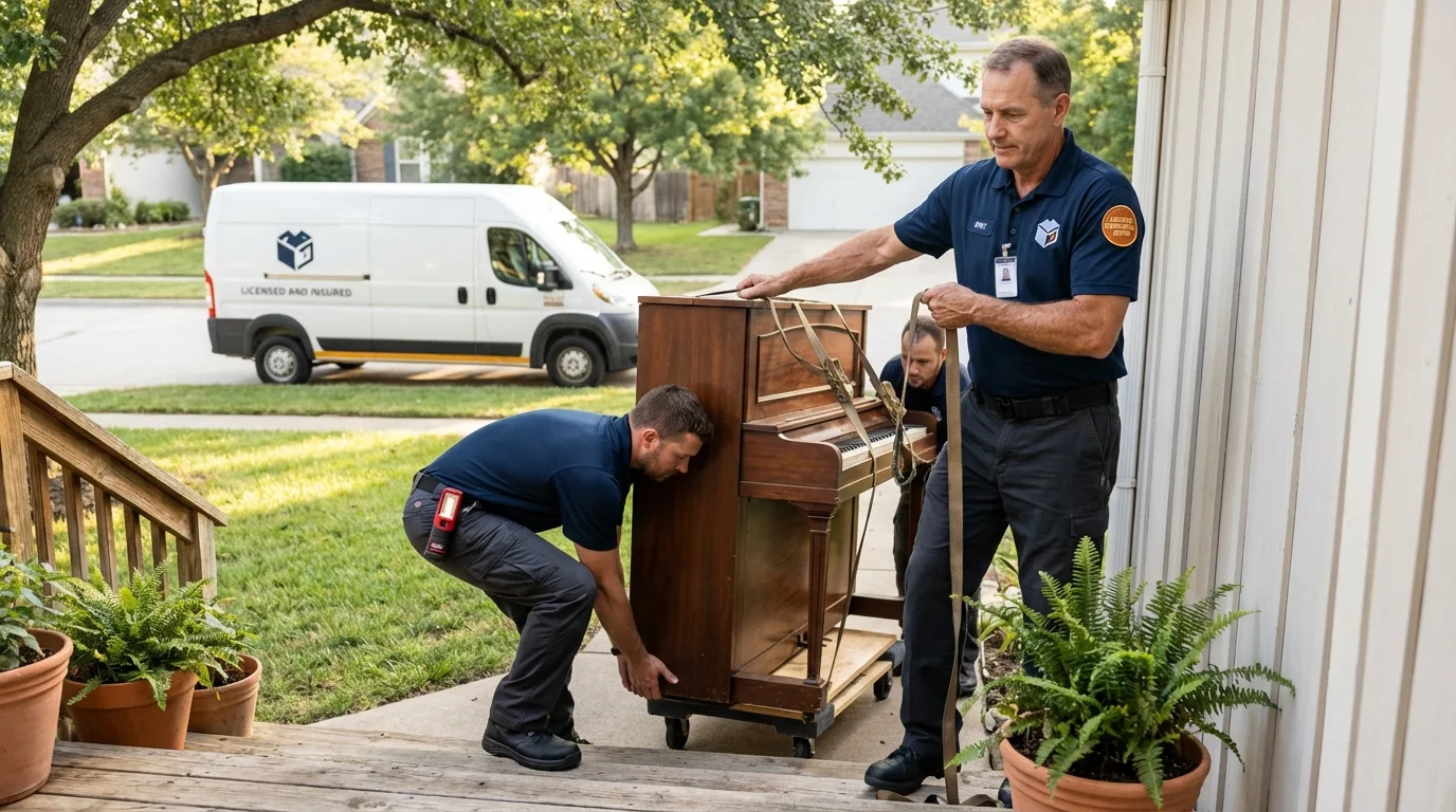 Licensed piano movers securing grand piano in Marine City, MI