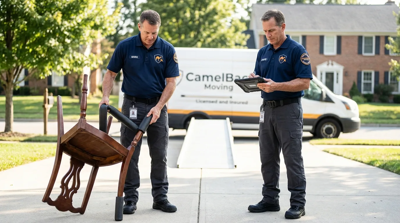 Movers inspecting furniture for damage prevention before loading in Marine City, MI