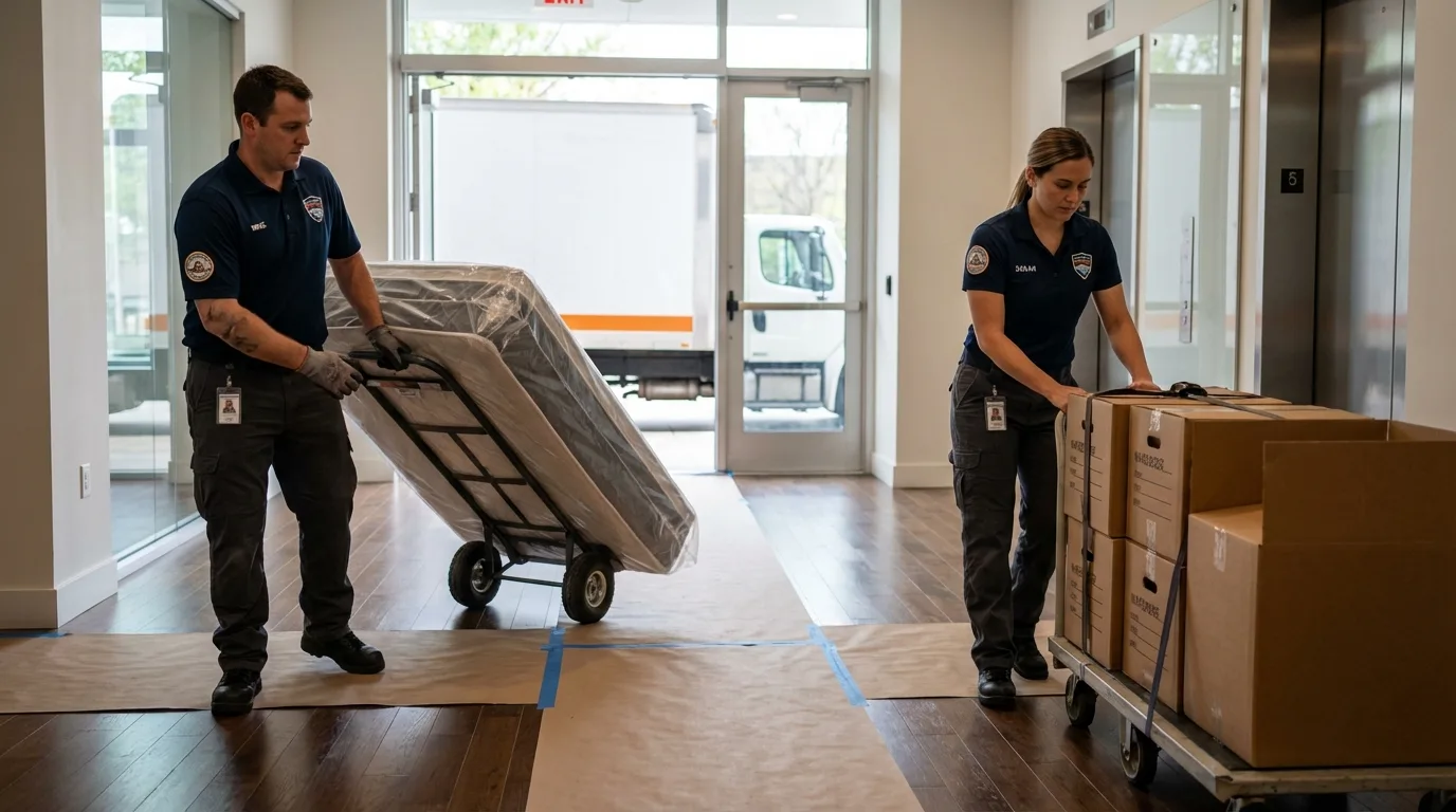 Professional apartment movers loading elevator in Marine City, MI