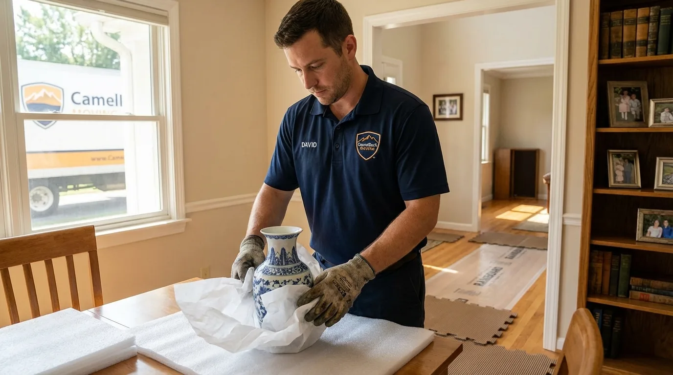 Professional crew carefully wrapping antique vase for senior downsizing move in Marine City, MI