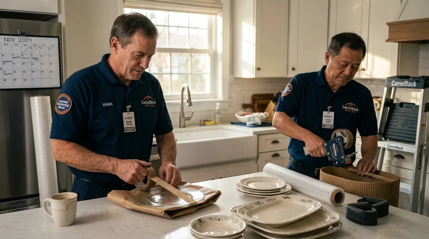 Professional crew packing kitchen dishware in Marine City, MI